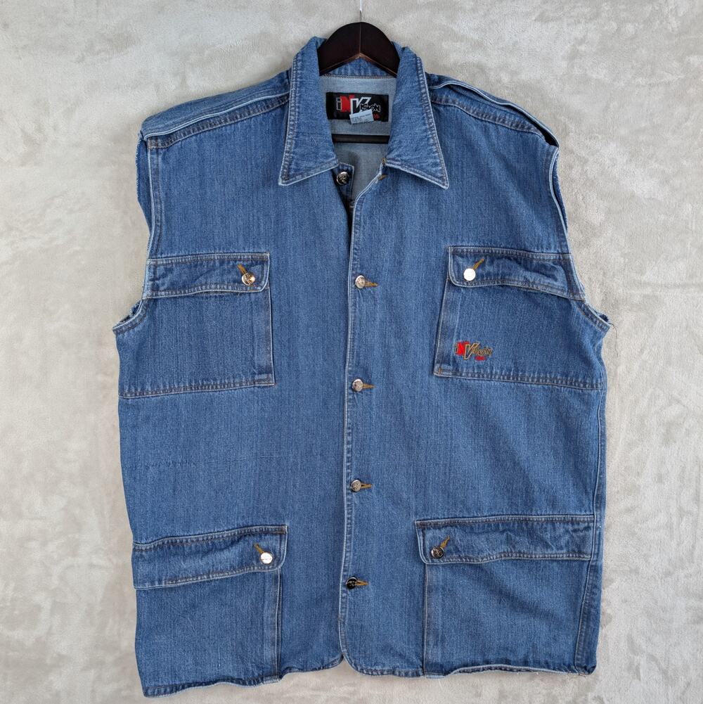 Vintage 90s Invision Denim Gear Denim Vest Men's Med Utility Mechcore Grungecore